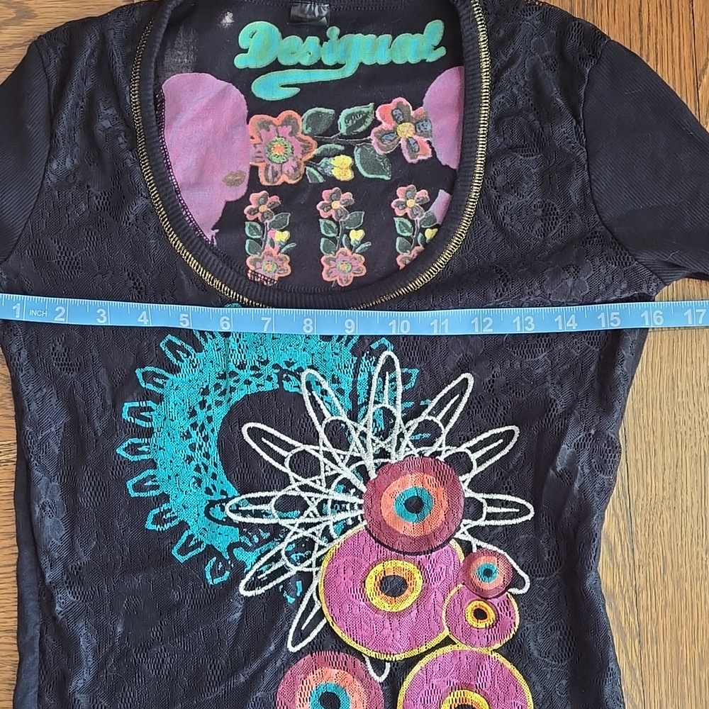 Desigual Black Lace Embroidered Top Long Sleeve Boho Artistic Size M - Picture 13 of 13